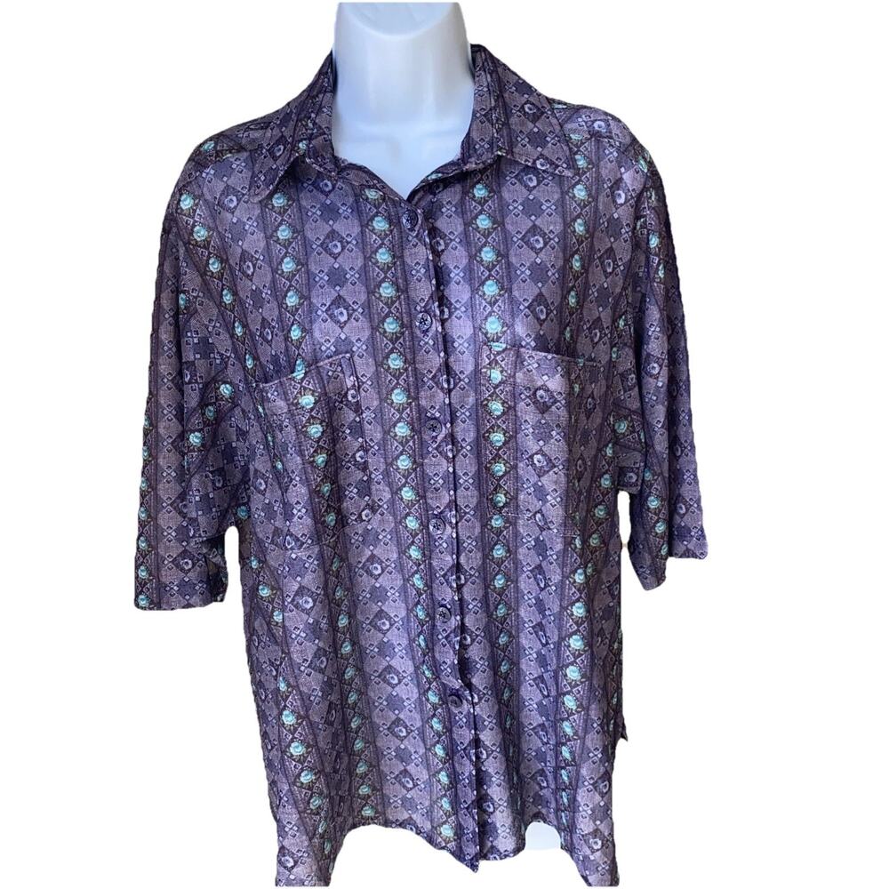 VTG Spring Checkered Button Purple Blouse Top Lightweight Womens Plus Size 2XL